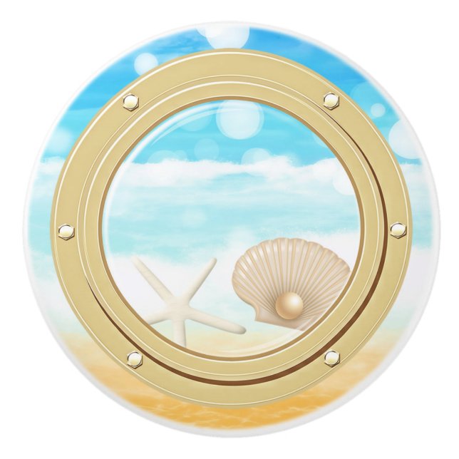 Beach Tropical Cruise Porthole & Sea Shells Ceramic Knob (Front)