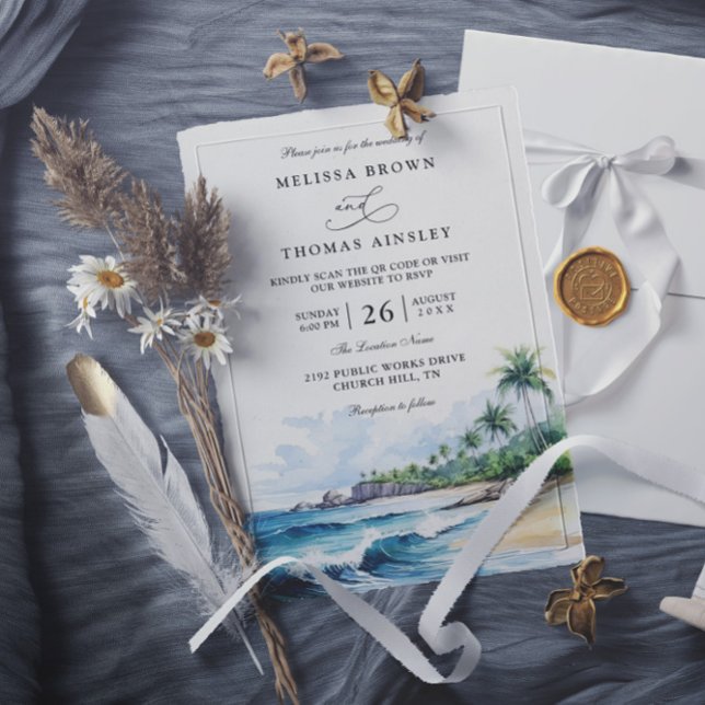 Beach Tropical Elegant Modern QR Code Wedding Invitation (Creator Uploaded)