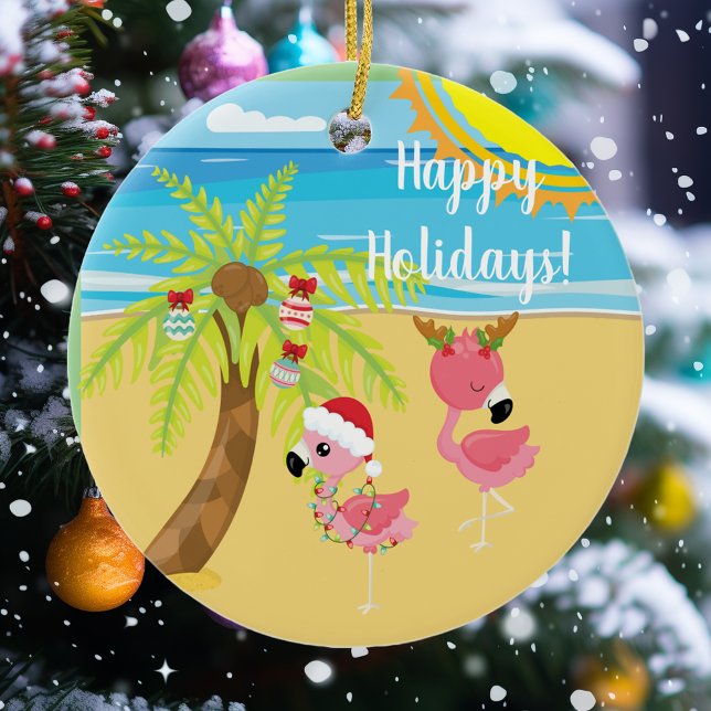Beach Tropical Flamingo Christmas Holiday Ceramic Ornament (Creator Uploaded)
