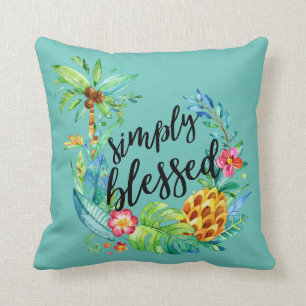 Beach Tropical Floral Blessed Palm Tree Teal Throw Pillow