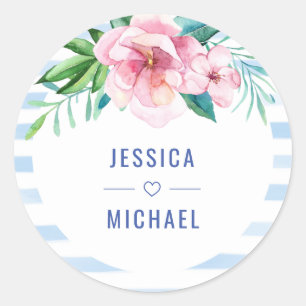 Beach Tropical Floral Summer Watercolor Wedding Classic Round Sticker