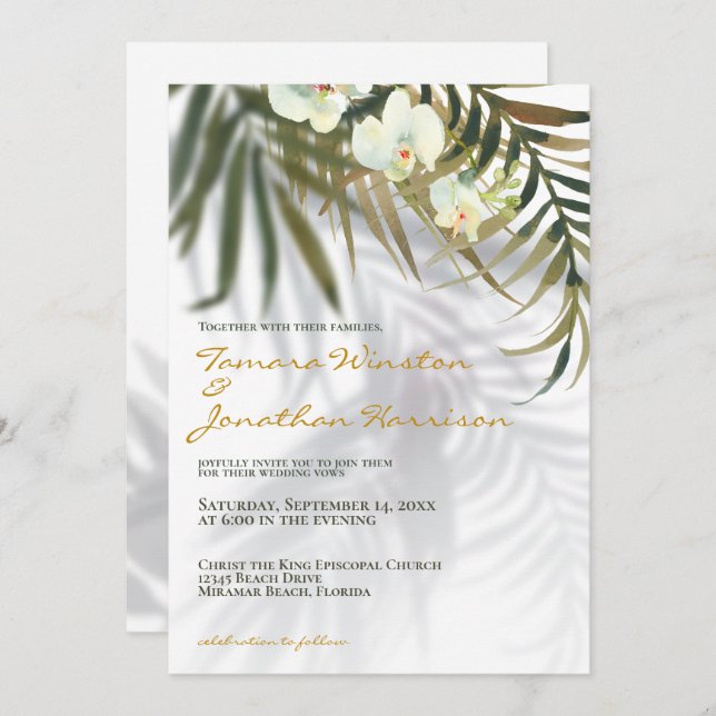 Beach Tropical Greenery Shadow Destination Wedding Invitation (Front/Back)