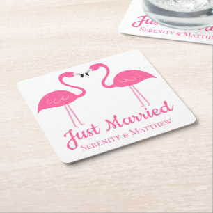 Beach Tropical Just Married Pink Flamingos Wedding Square Paper Coaster