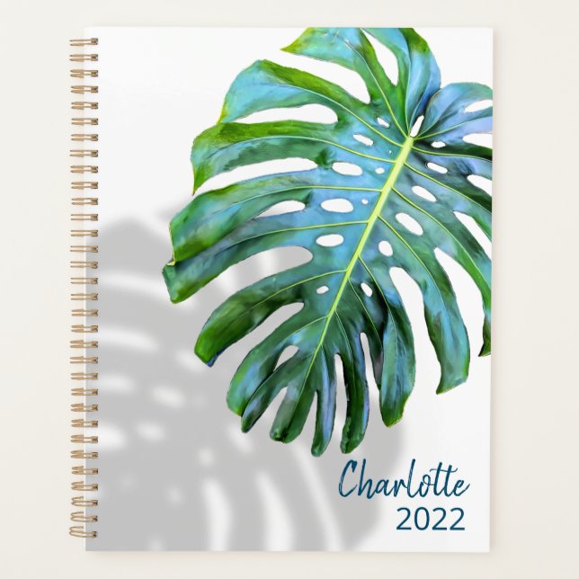Beach/Tropical Leaf w Shadow White Wood Your Name Planner (Front)