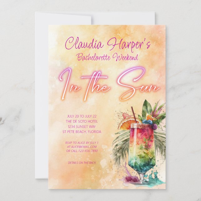 Beach Tropical Neon Bachelorette Weekend Invitation (Front)