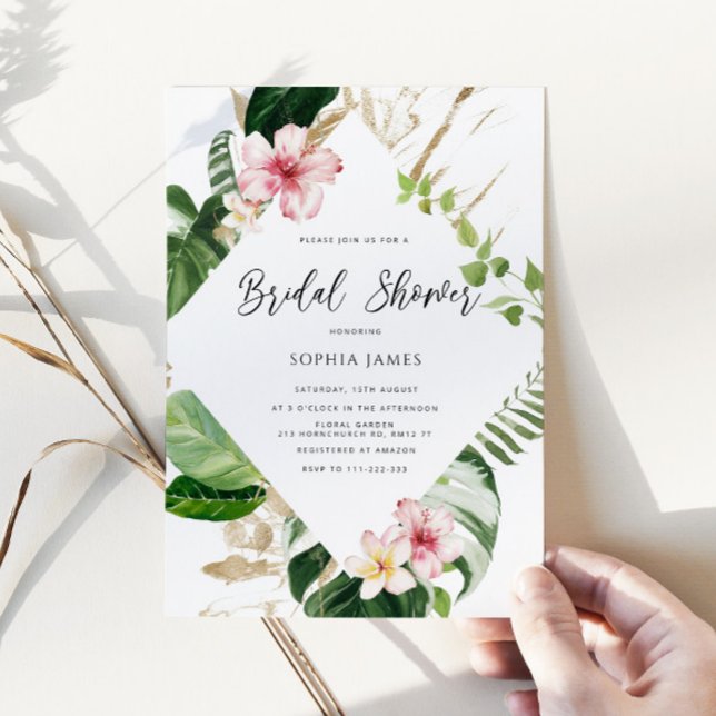 Beach tropical palm leaves frame bridal shower invitation (Creator Uploaded)