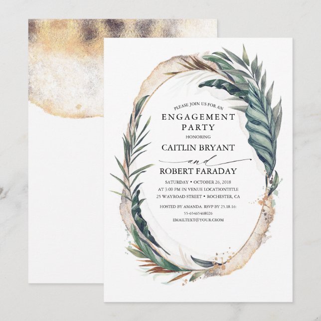 Beach Tropical Palm Leaves Gold Engagement Party Invitation (Front/Back)