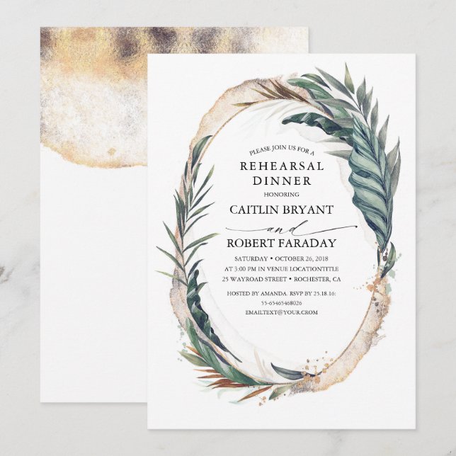 Beach Tropical Palm Leaves Gold Rehearsal Dinner Invitation (Front/Back)