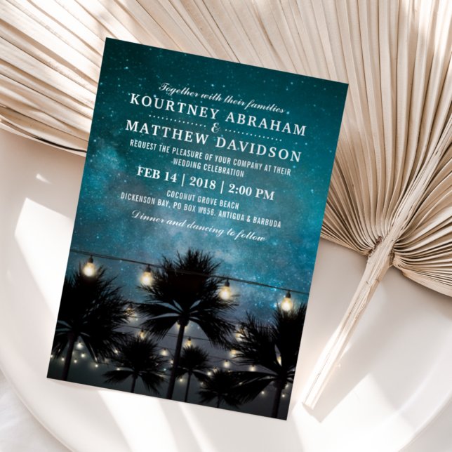 Beach Tropical Palm Tree String Lights Wedding Invitation (Creator Uploaded)