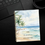 Beach tropical palm trees waves 2025 planner<br><div class="desc">A watercolored tropical beach scenery.  A sandy beach,  ocean waves and palm trees.  Personalize and add year,  name and a text.</div>