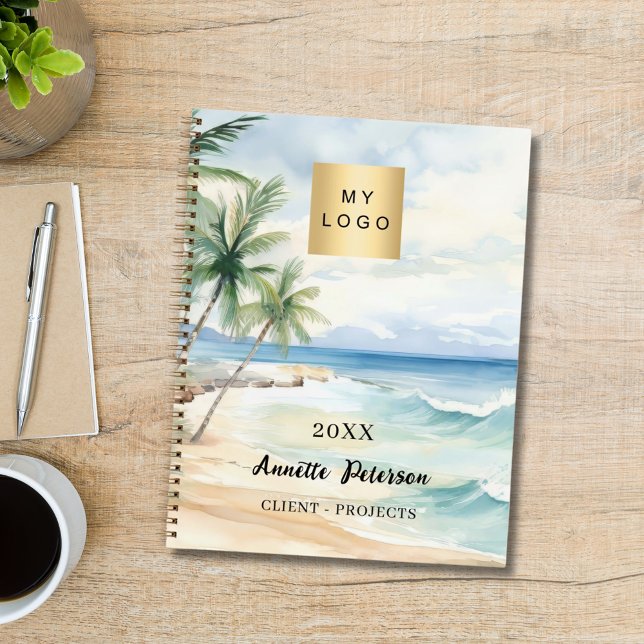 Beach tropical palm trees waves business logo notebook (Creator Uploaded)
