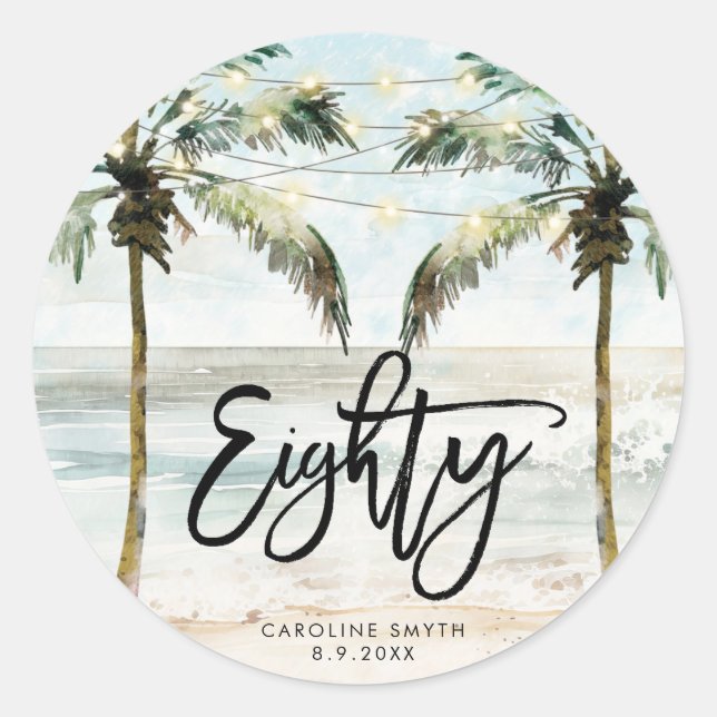 beach tropical palms 80th birthday sticker (Front)