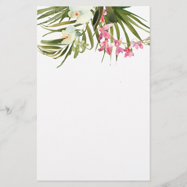 Beach Tropical Palms Pink Orchids Floral Bridal Stationery (Front)