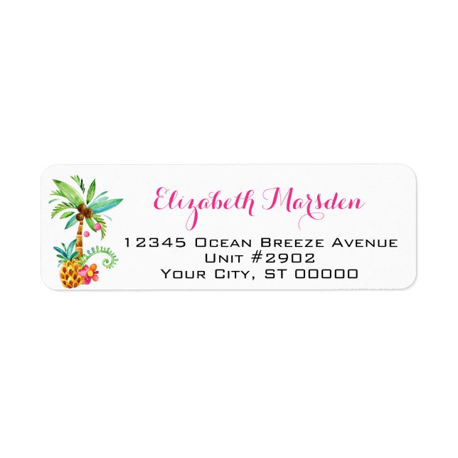 Beach Tropical Palms Pink Teal Floral Address (Front)