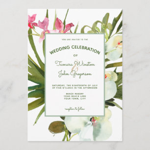 Beach Tropical Pink Floral White Orchids Greenery Invitation