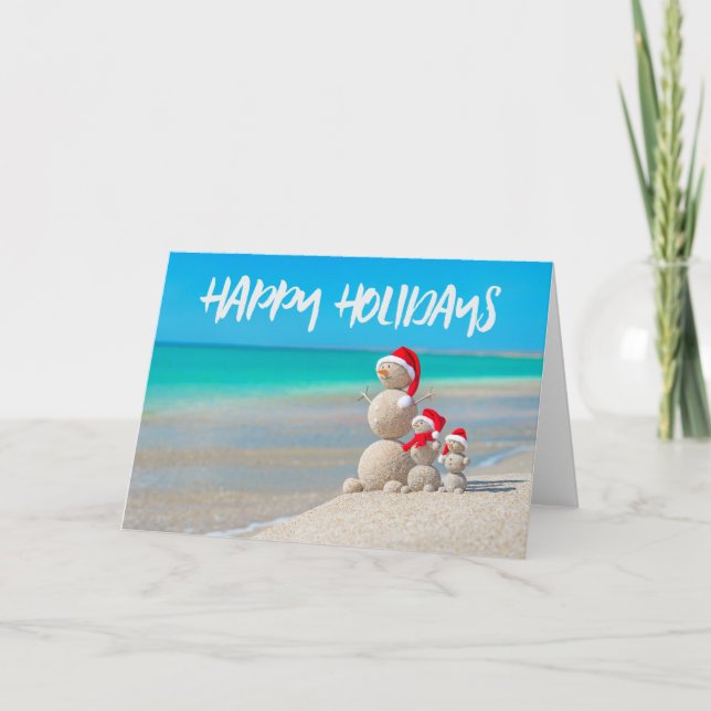 Beach Tropical Snowman Sand Happy Holidays Card (Front)