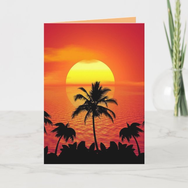 BEACH TROPICAL SUNSET ART BEAUCOUP CARTE D'ANNIVER (Devant)