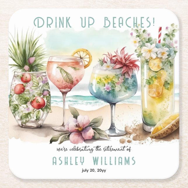 Beach Tropical Themed Cocktails Retirement Party Square Paper Coaster (Front)