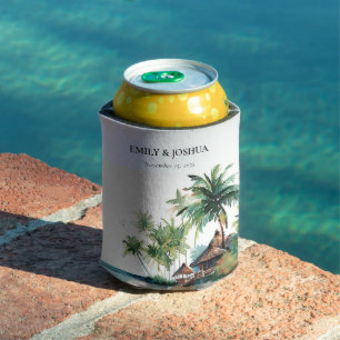 Beach Tropical Watercolor Wedding Can Cooler
