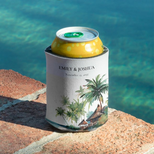 Beach Tropical Watercolor Wedding Can Cooler (In Situ Pool)