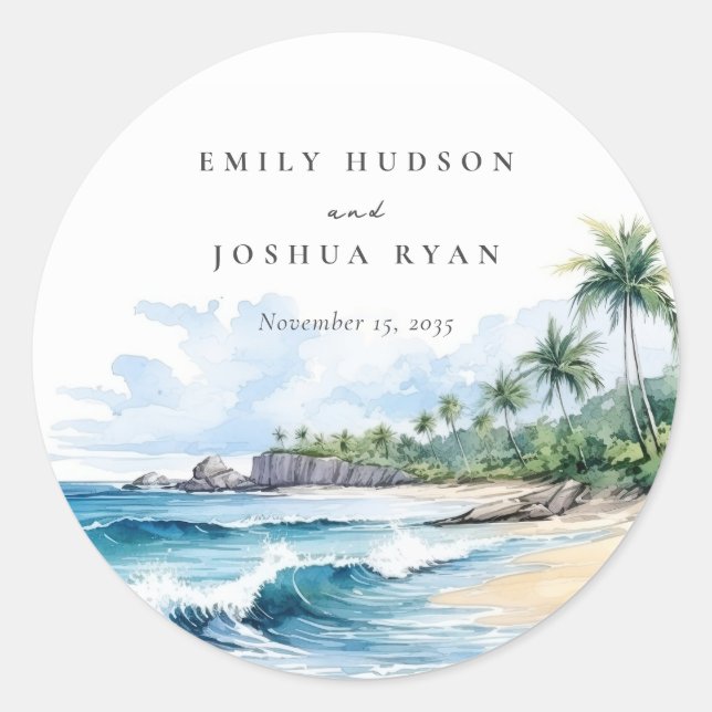 Beach Tropical Watercolor Wedding Classic Round Sticker (Front)