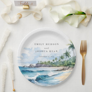 Beach Tropical Watercolor Wedding Paper Plate