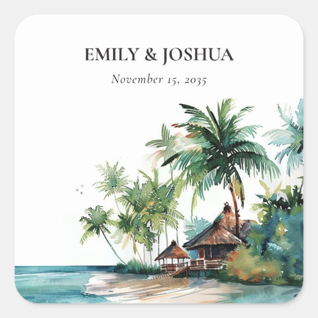 Beach Tropical Watercolor Wedding Square Sticker (Front)