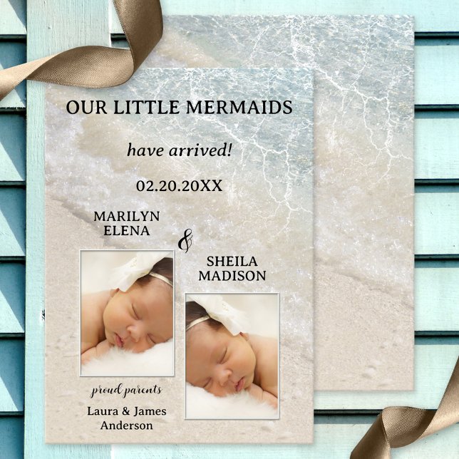 Beach Twins Baby Birth Photo Faire-part Card (Beach baby photo birth announcement card with photos of your own baby or twins, framed by a beach)
