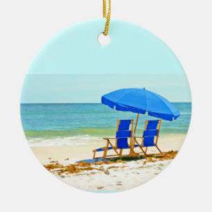 Beach, Umbrella and Chairs at the Shore Ceramic Ornament