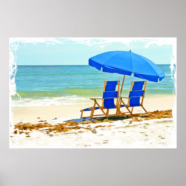 Beach, Umbrella and Chairs at the Shore Poster (Front)