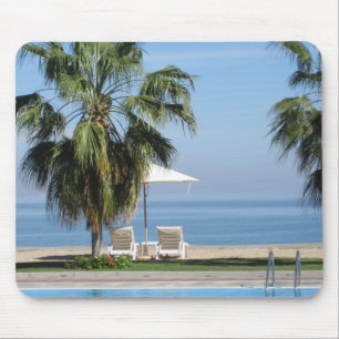 Beach Umbrella and Chairs, Palm Trees, Ocean Mouse Pad