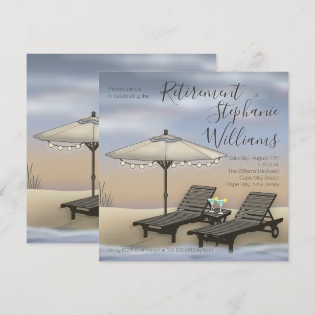 Beach Umbrella | Lights | Chairs Sunset Retirement Invitation (Front/Back)