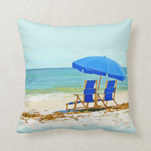 Beach, Umbrella, Ocean & Chairs Throw Pillow