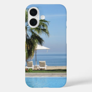 Beach, Umbrella, Pool, Chairs, Ocean, Palm Trees iPhone 16 Case