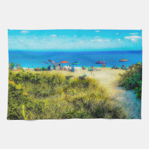 Beach Umbrellas along the Ocean Kitchen Towel