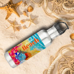 Beach Umbrellas In the Sand 710 Ml Water Bottle<br><div class="desc">Waves on a sandy beach, a surfer and sunbathers under colourful umbrellas, this personalized tumbler features your name and "Beach Life" on the front and on the back, any message on the turquoise strip - we show "STAYING COOL! MAY NOT CONTAIN WATER." Fun for summer, vacation or gift as a...</div>