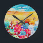 Beach Umbrellas Round Clock<br><div class="desc">Waves on a sandy beach, sunbathers under colourful umbrellas, this clock is a fun addition to your beach house or summer decor or give as a gift. MATCHING items in our store.</div>