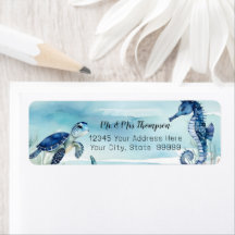Beach Undersea Turtle Seahorse Watercolor in Blue