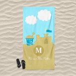 Beach Vacation Honeymoon Couple Monogram Wedding  Beach Towel<br><div class="desc">This charming beach towel is a design created from our original artwork that features a sand castle with a blue flag coming out of the top over a blue sky with clouds. The sandy beach has a plastic blue bucket, and on the pail are beachy starfish and an area to...</div>