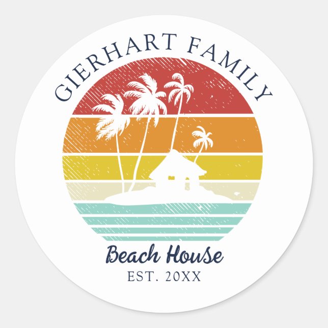 Beach Vacation House Family Reunion Palm Trees Classic Round Sticker (Front)