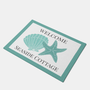 Beach Vacation Rental Aqua Shells Personalized Doormat