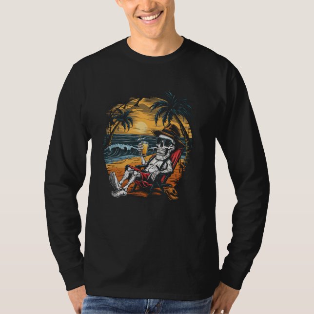 Beach Vacation Skeleton Sunset Palm Trees Summer V T-Shirt (Front)