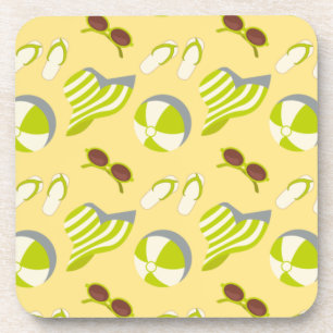 Beach vacay pattern with sunglasses and sun hat coaster