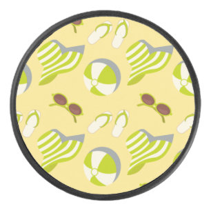 Beach vacay pattern with sunglasses and sun hat hockey puck