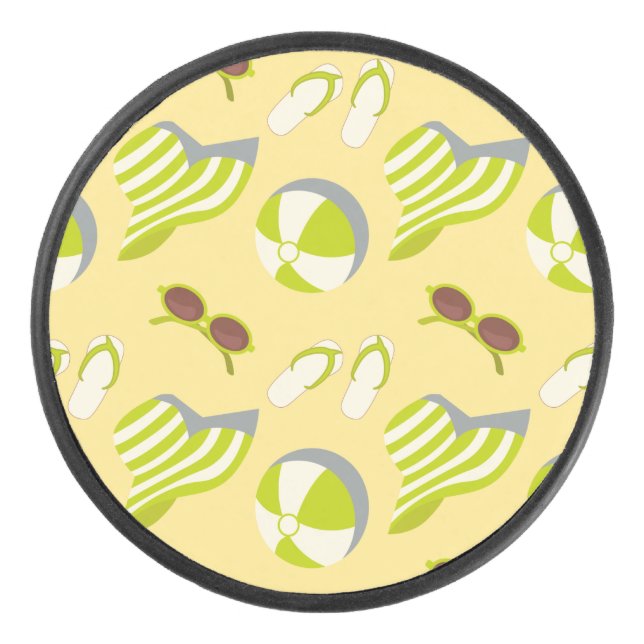 Beach vacay pattern with sunglasses and sun hat hockey puck (Front)