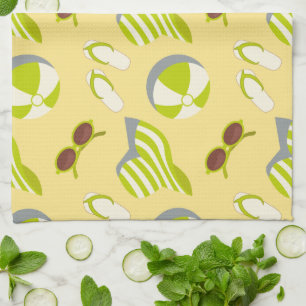 Beach vacay pattern with sunglasses and sun hat kitchen towel