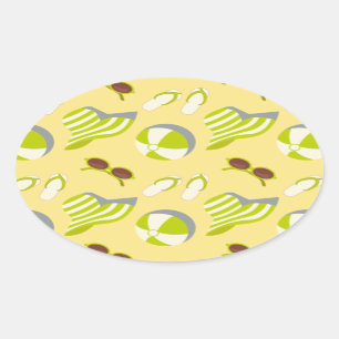 Beach vacay pattern with sunglasses and sun hat  oval sticker