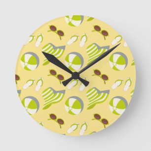 Beach vacay pattern with sunglasses and sun hat  round clock