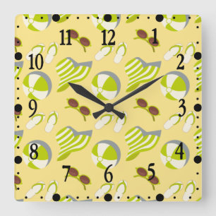 Beach vacay pattern with sunglasses and sun hat square wall clock