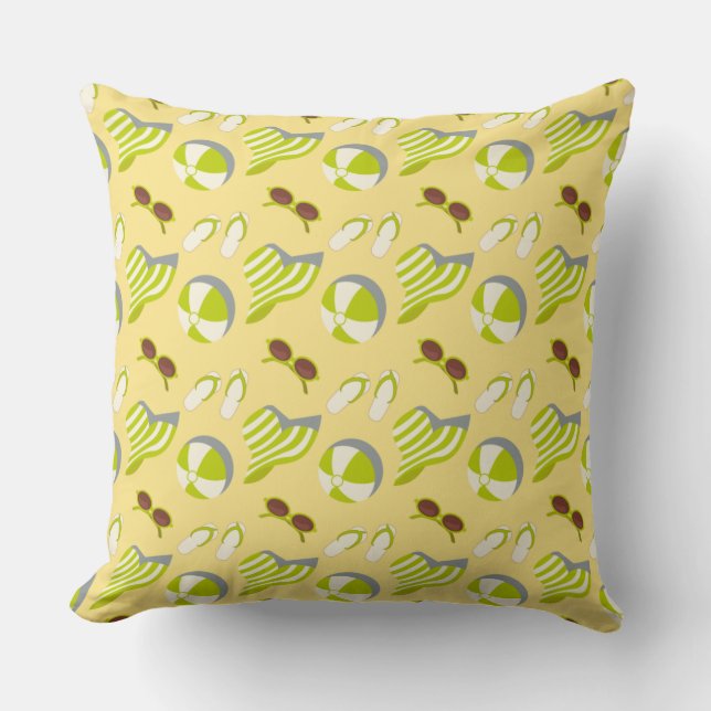Beach vacay pattern with sunglasses and sun hat  throw pillow (Front)